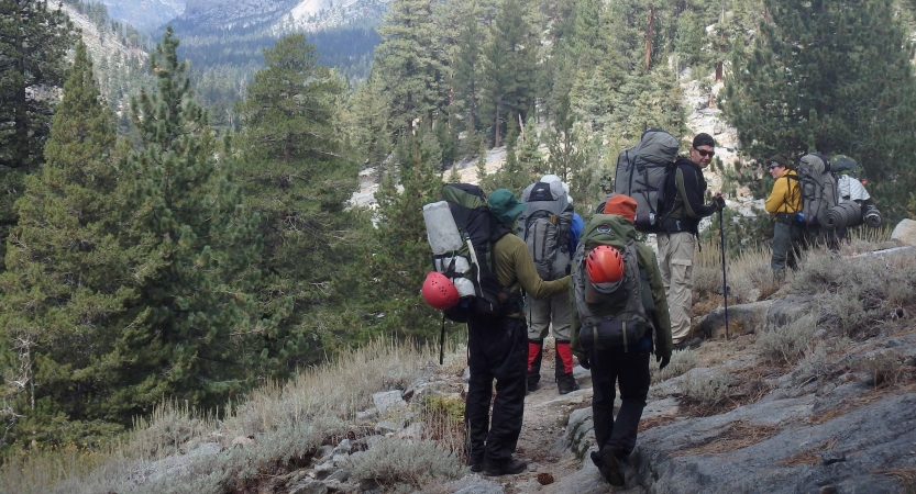 A group of backpackers navigate toward evergreen trees